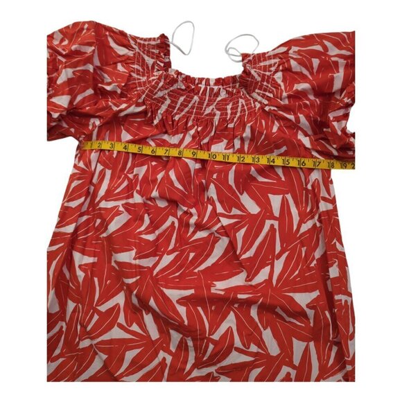 Whit Two Anthro Women"s Dress Small Red Banana Leaf Off Shoulder Smocked Poplin - Picture 7 of 10